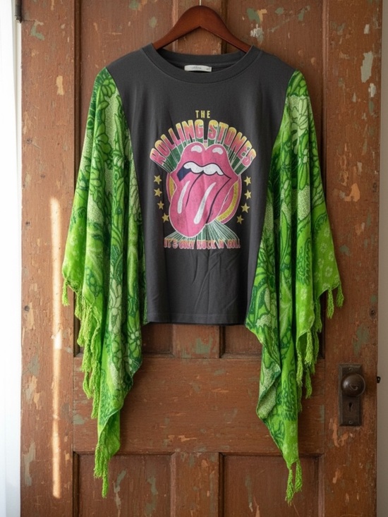 None Tops - Rolling Stones Graphic Upcycled T Shirt Flowy Sleeves Band Festival Concert